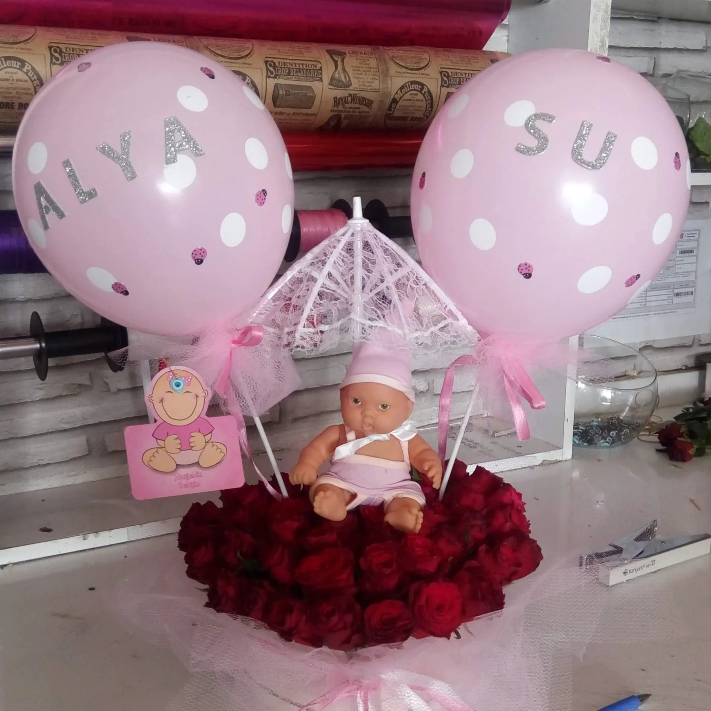 Balonlu Kız Bebek Gül Aranjmanı - Malatya Çiçekçi By Soydan